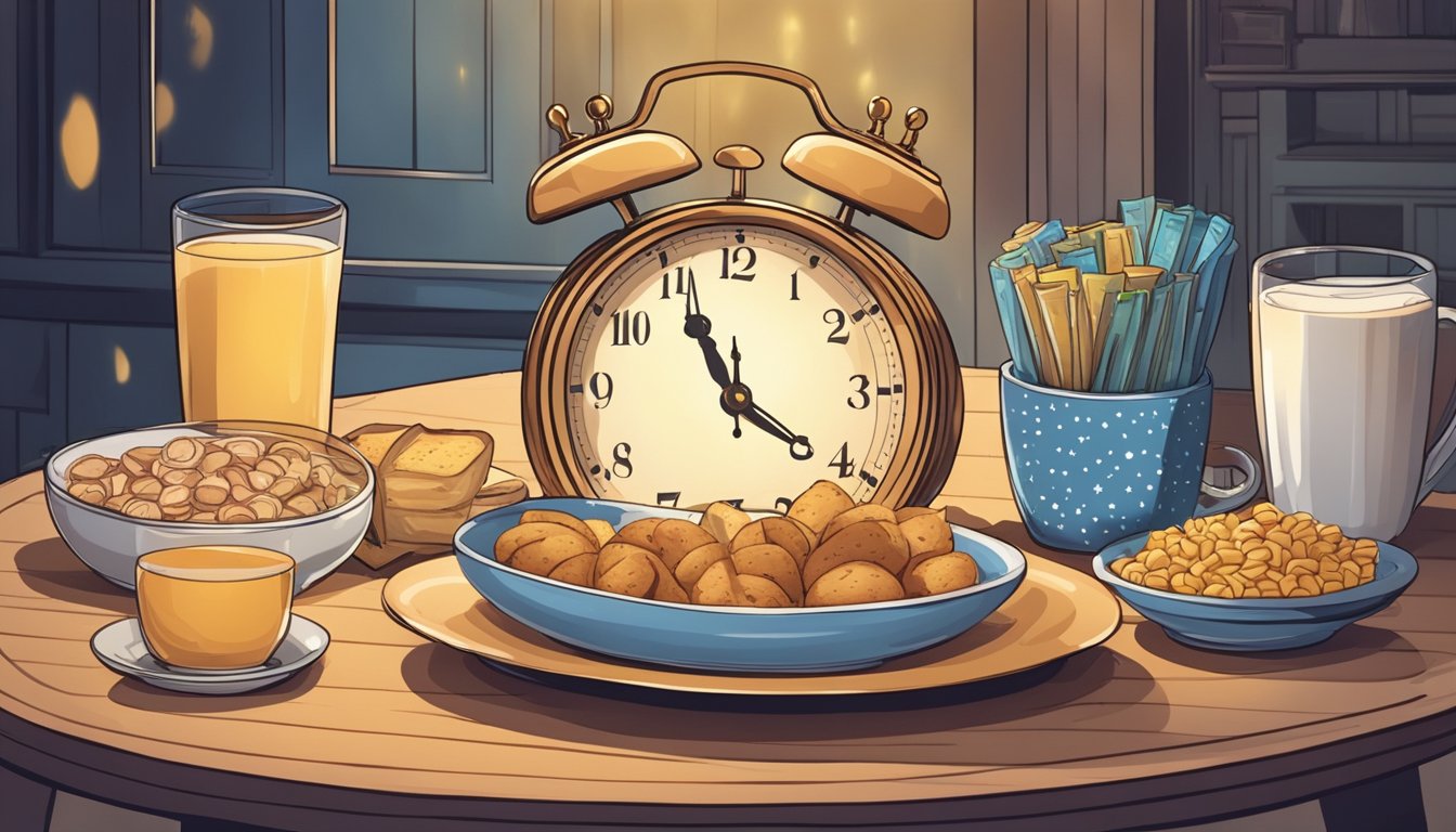 A clock striking midnight with a plate of snacks, transitioning to a sunrise over a breakfast table with a timer showing 12 hours