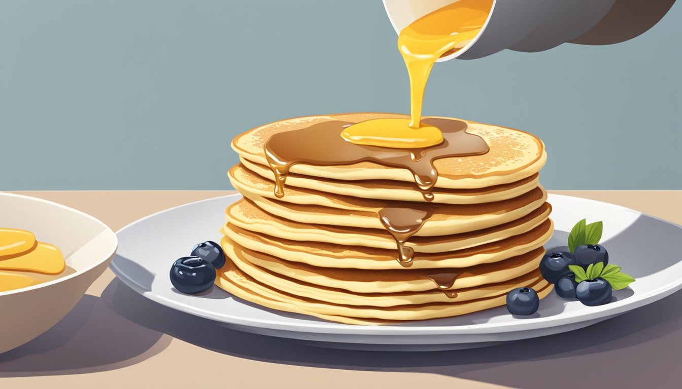 A small measuring cup pouring a stream of liquid onto a stack of pancakes