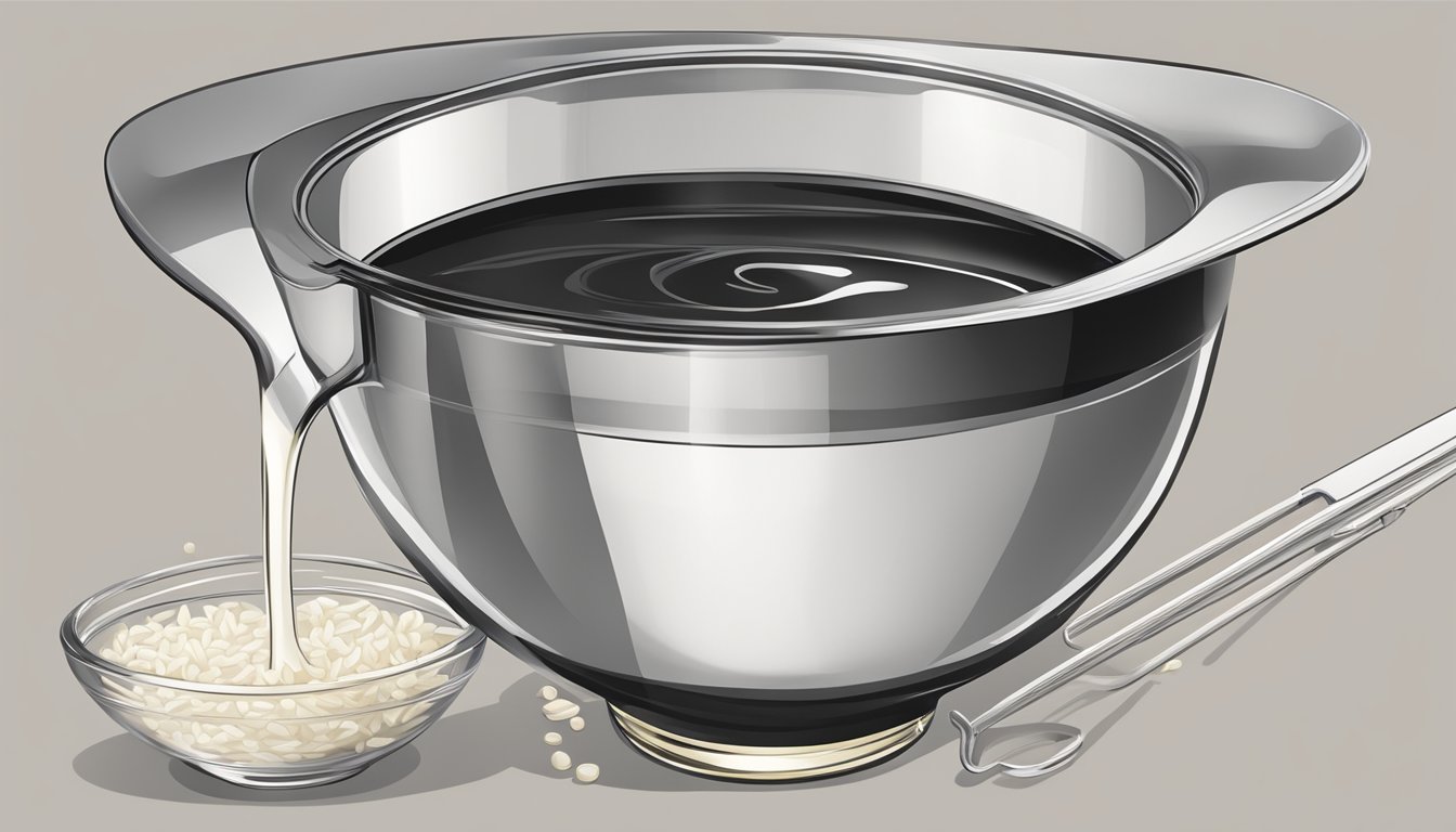 A measuring cup pouring soy sauce and rice vinegar into a mixing bowl