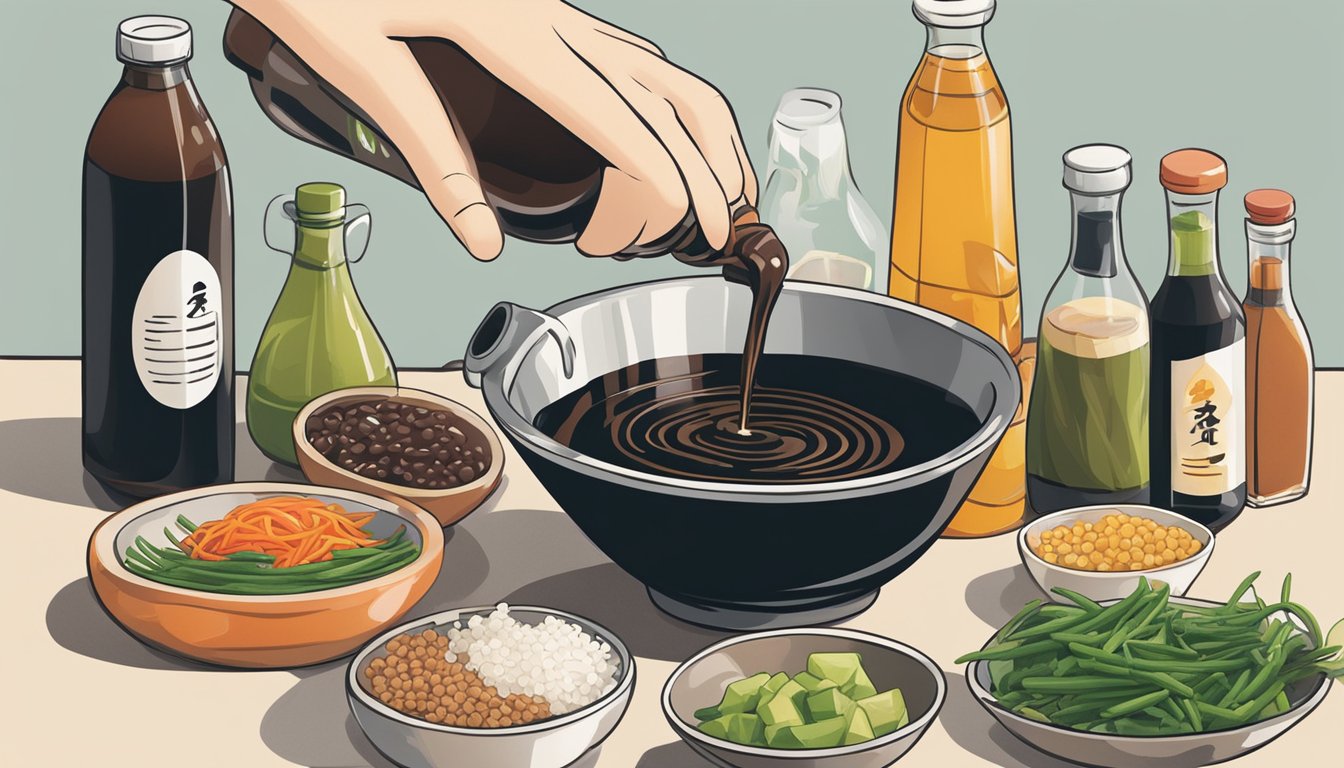 A hand pouring soy sauce into a measuring cup, surrounded by various bottles of other liquid ingredients for stir-fry sauce