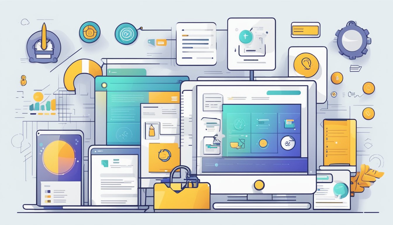 En ren, moderne landingsside med ulike markedsføringsverktøy og ikoner pent arrangert på et digitalt grensesnitt
