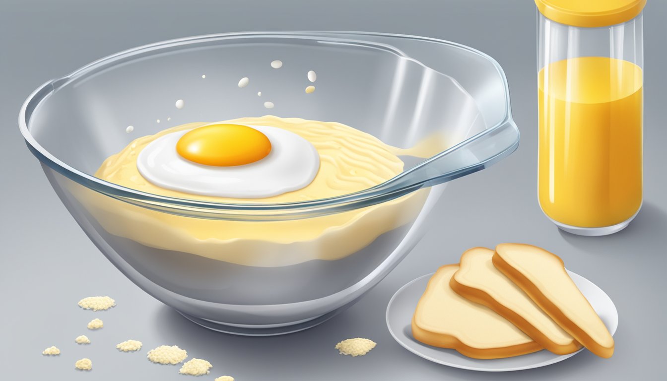 A clear measuring cup pouring liquid into a mixing bowl of flour and eggs for pancake batter