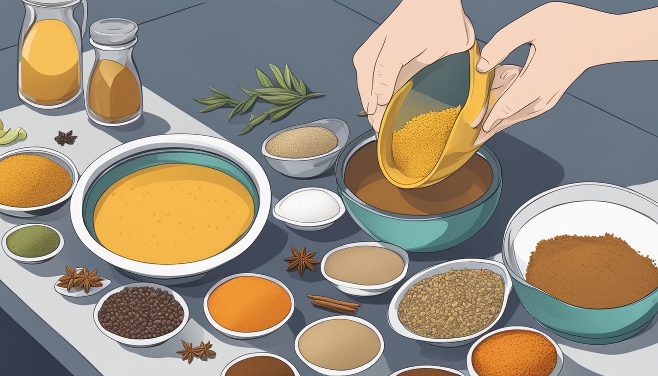 A hand pouring a precise amount of liquid from a measuring cup into a small bowl amidst a collection of various spices and ingredients on a kitchen counter