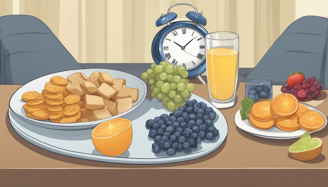 A table with a clock showing midnight and a plate of healthy snacks transitioning to a clock showing morning and an empty plate