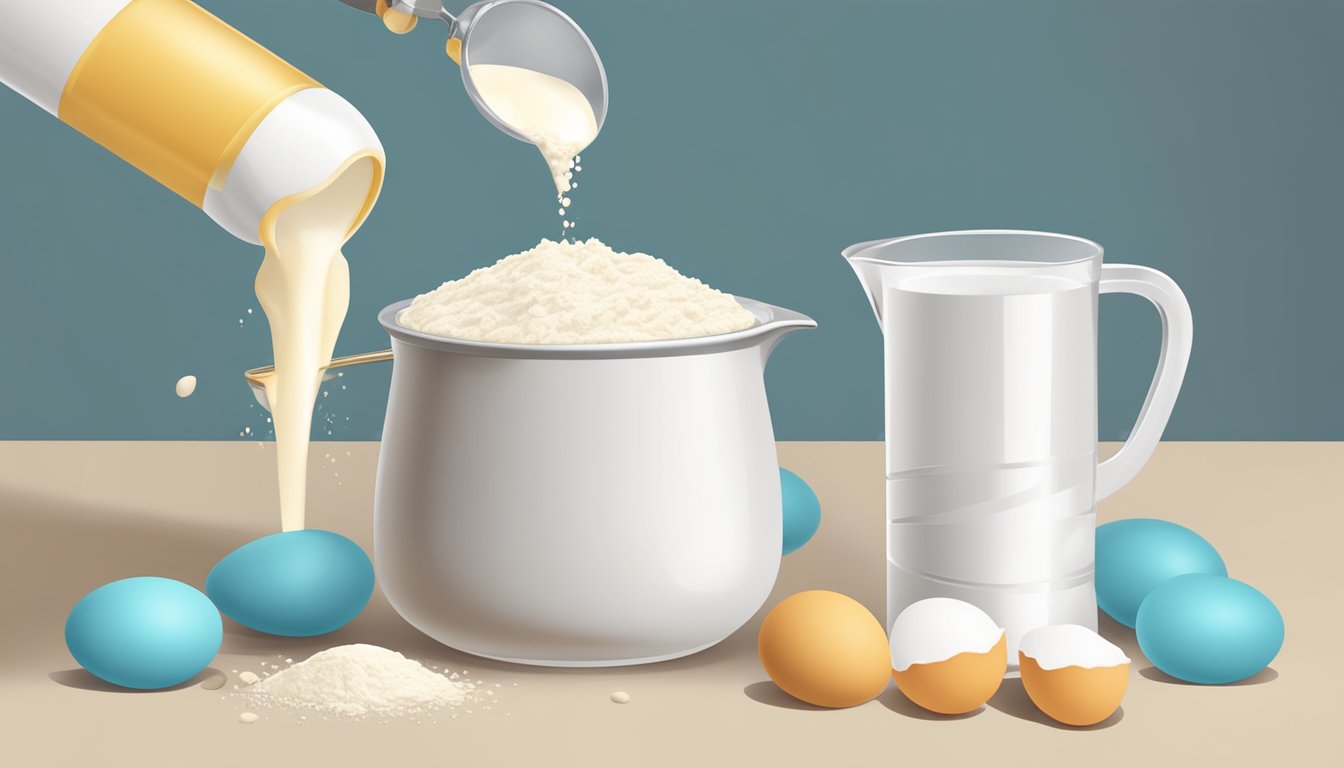 A measuring cup pouring milk into a mixing bowl with flour and eggs