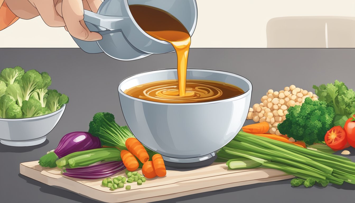 A measuring cup pouring soy sauce into a bowl of vegetables and protein for stir fry sauce