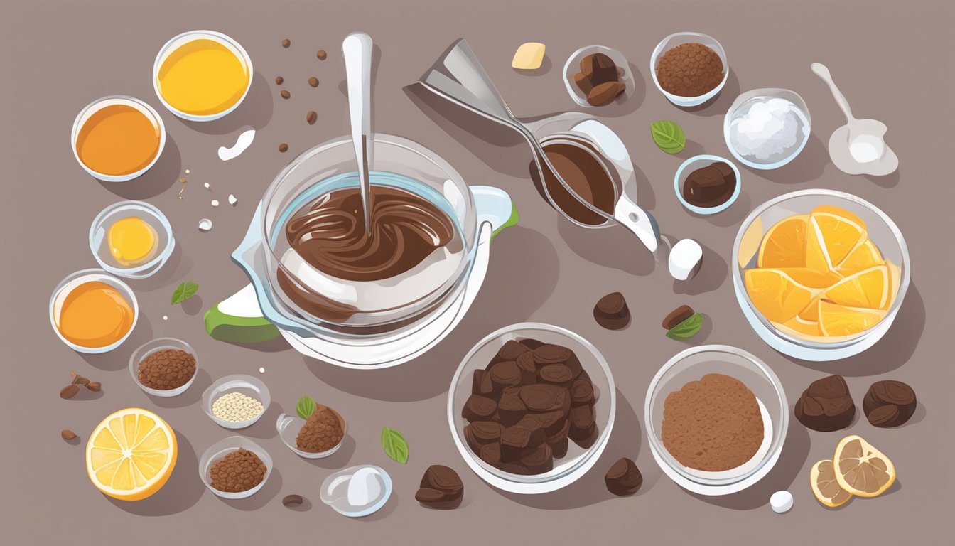 A measuring cup pouring liquid into a mixing bowl surrounded by various ingredients for brownie filling