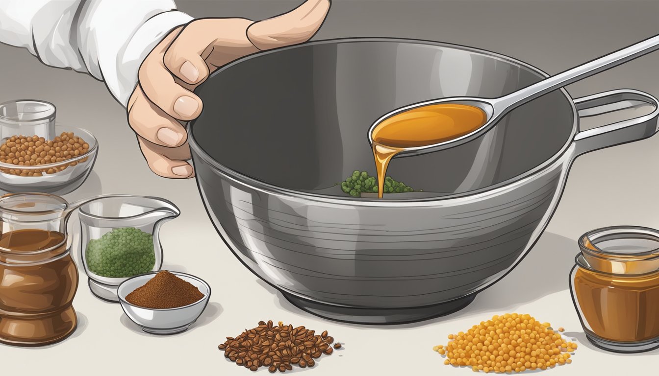 A measuring cup pouring soy sauce into a bowl of spices and other liquids for stir fry sauce