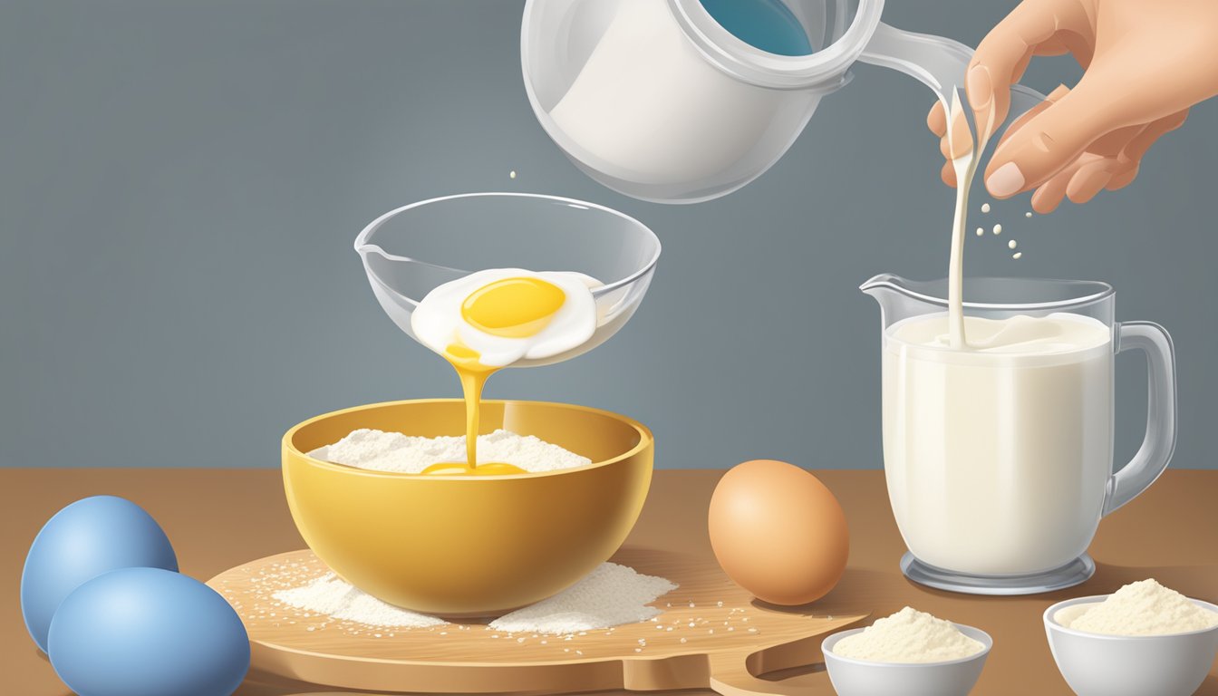 A measuring cup pouring liquid into a mixing bowl of flour, eggs, and milk for pancake batter