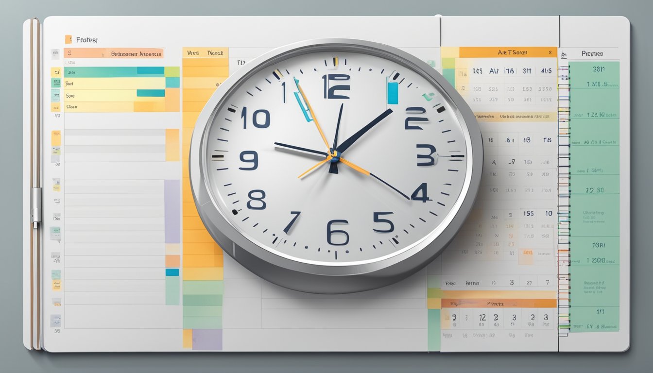 A clock showing a 12-hour window, surrounded by a schedule planner with highlighted time slots