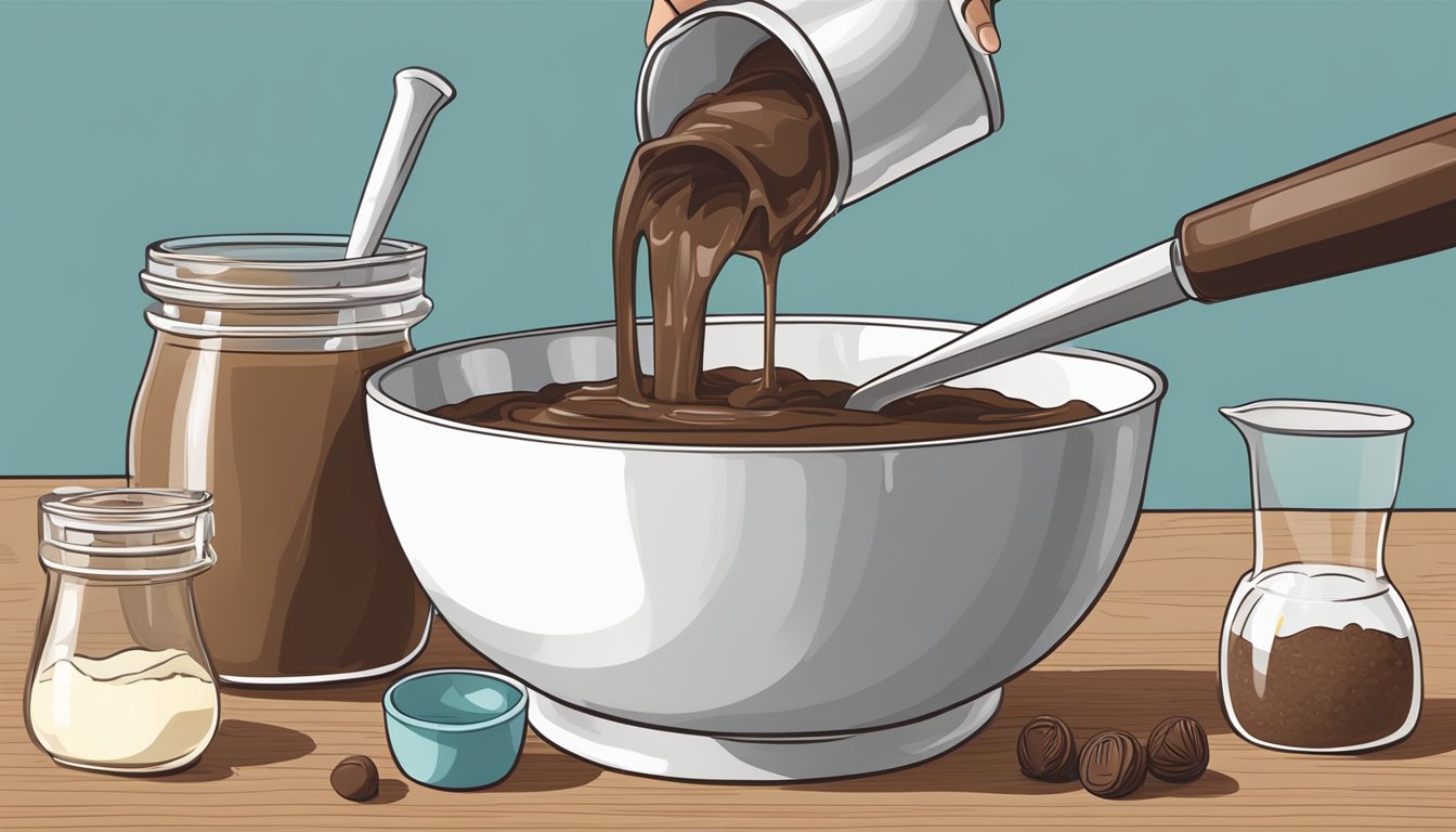 A measuring cup pouring liquid into a mixing bowl with ingredients for brownie filling