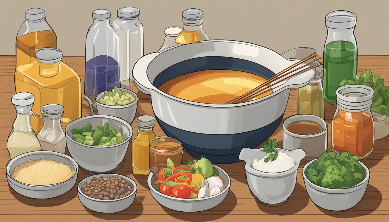 A measuring cup pouring liquid into a small bowl surrounded by various bottles of alternative ingredients for a stir fry sauce