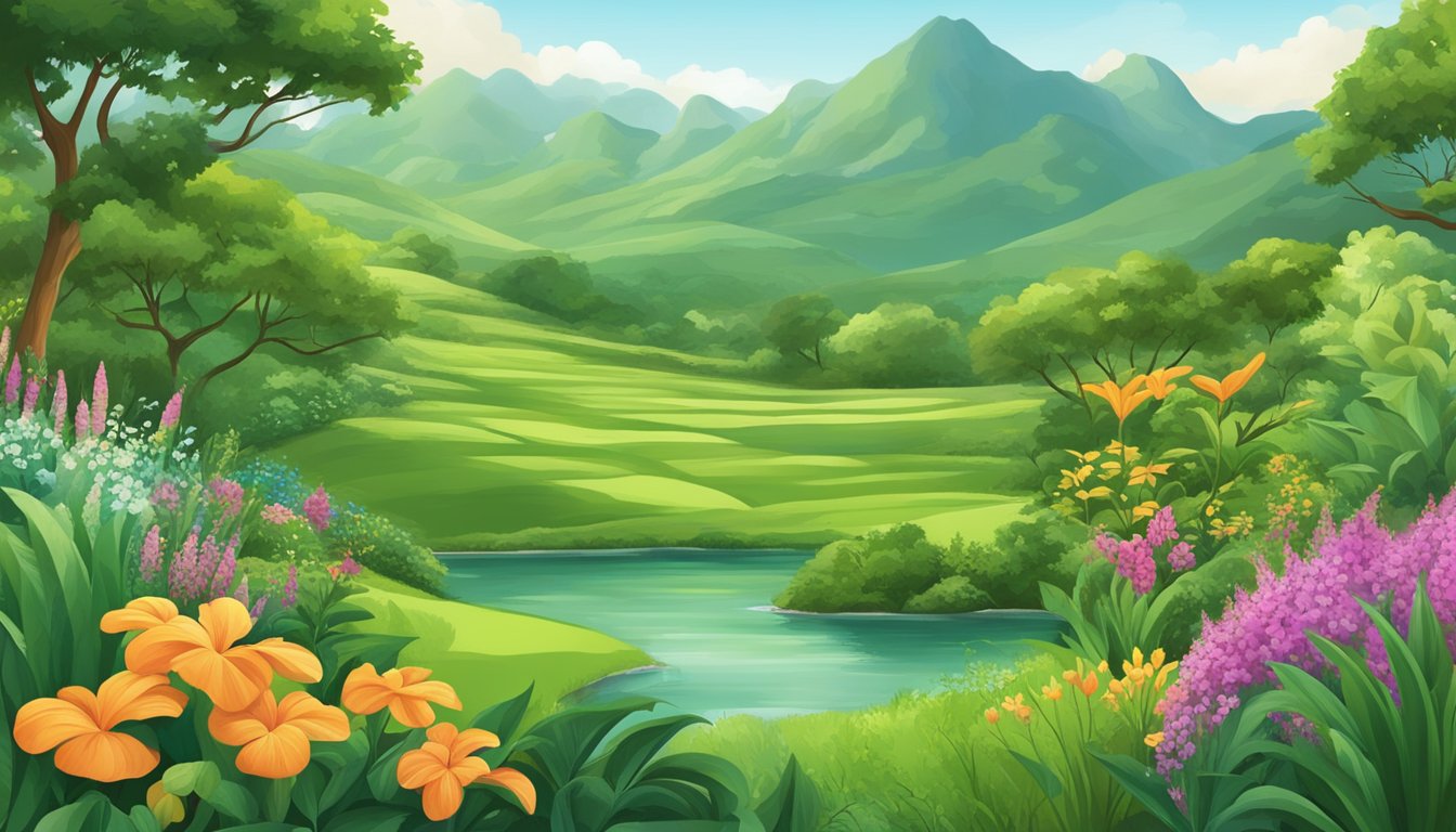 Et frodig grønt landskap med et mangfold av planter og blomster, som viser vekst og ekspansjon