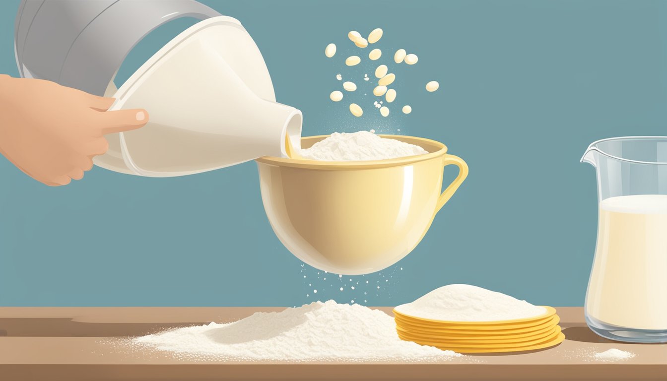 A measuring cup pouring milk into a mixing bowl of flour and eggs for pancake batter