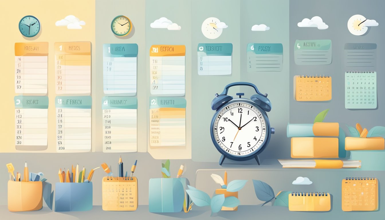 A clock showing the passage of time from morning to evening, with a weekly calendar and a checklist of activities related to intermittent fasting