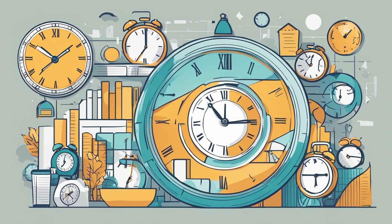 A clock with a 12-hour window overlaid on a busy schedule, with various time-related challenges and considerations surrounding fasting