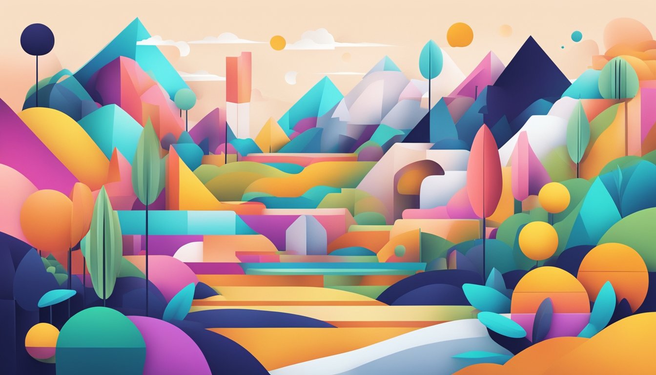 Et fargerikt, abstrakt landskap med geometriske former og dristig typografi, som representerer konseptet "Domener og eksperimenteringslandingssider."