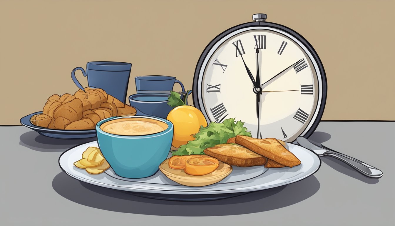 A clock showing midnight transitioning to a clock showing morning, with a plate of food on the side