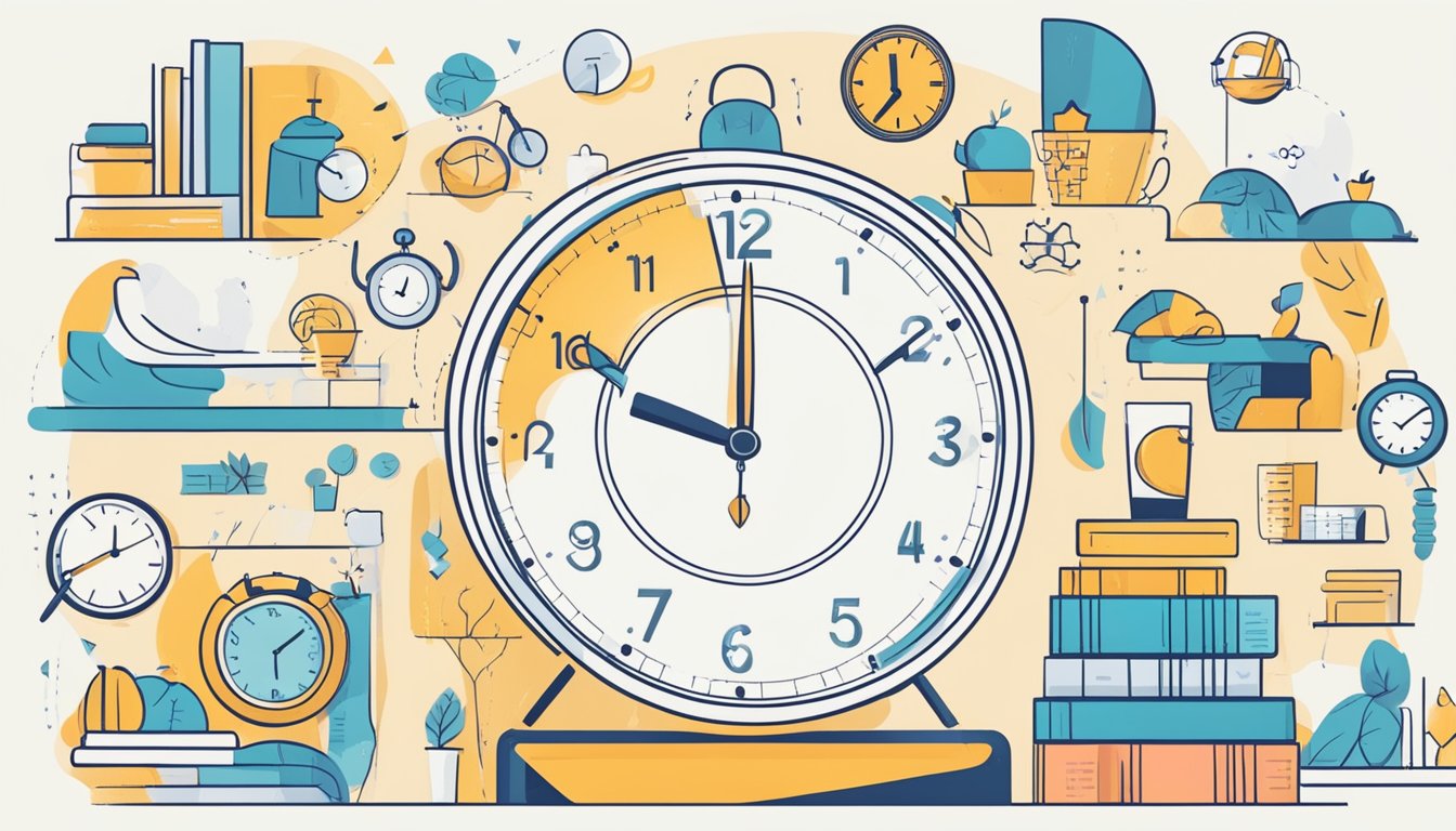 A clock showing 12-hour intervals, surrounded by various activities like eating, exercising, and sleeping, symbolizing a week-long guide to integrating intermittent fasting into daily life