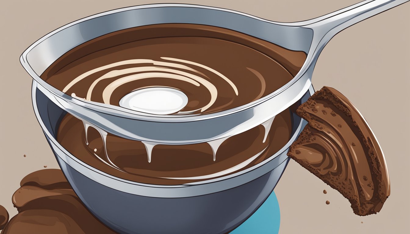 A measuring cup pouring liquid into a mixing bowl of brownie batter