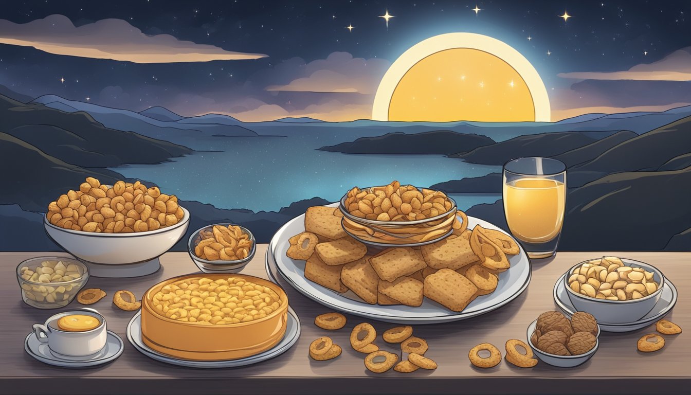 A clock striking midnight with a plate of snacks transitioning to a sunrise over a 12-hour period