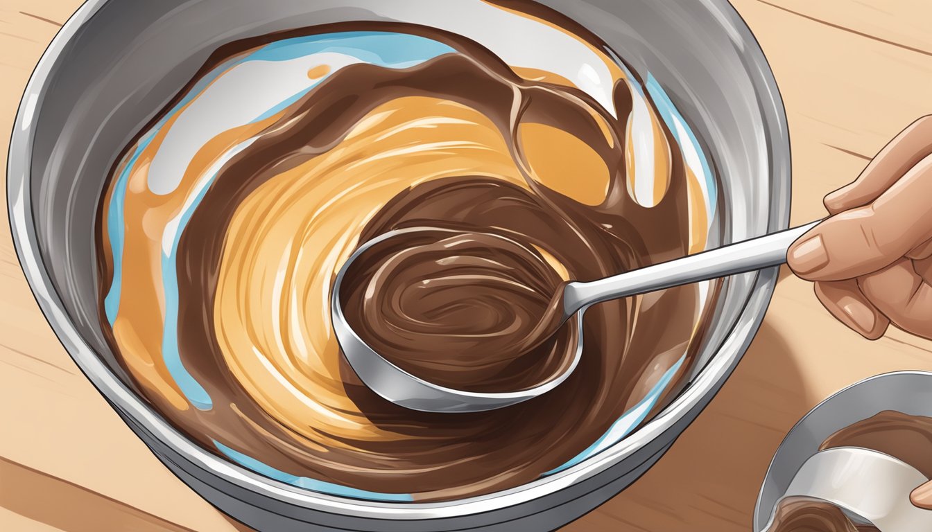 A measuring cup pouring liquid into a mixing bowl with brownie batter