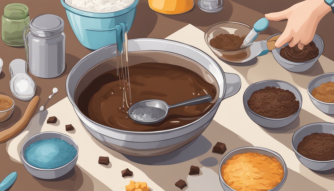 A person pouring liquid from a measuring cup into a bowl of brownie batter, with various measuring tools and ingredients scattered on the kitchen counter