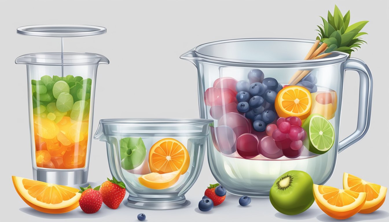 A clear measuring cup filled with just the right amount of liquid for making jelly, surrounded by various fruits and a pot on the stove