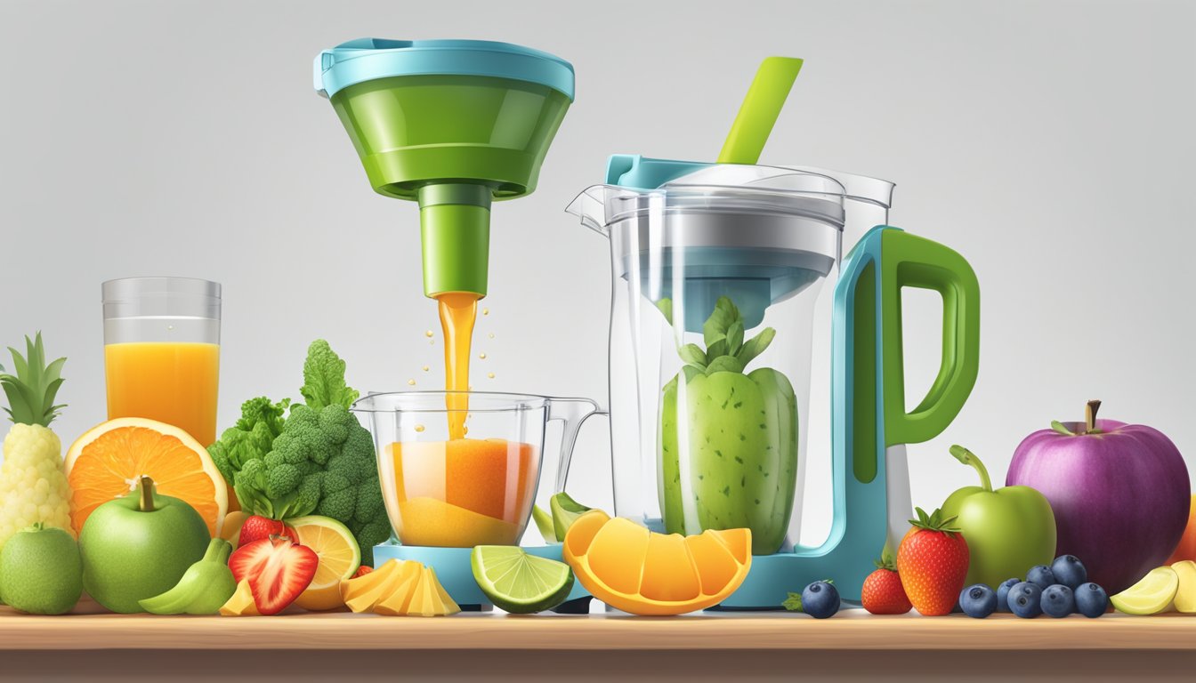 A clear measuring cup pouring liquid into a blender surrounded by various fruits and vegetables