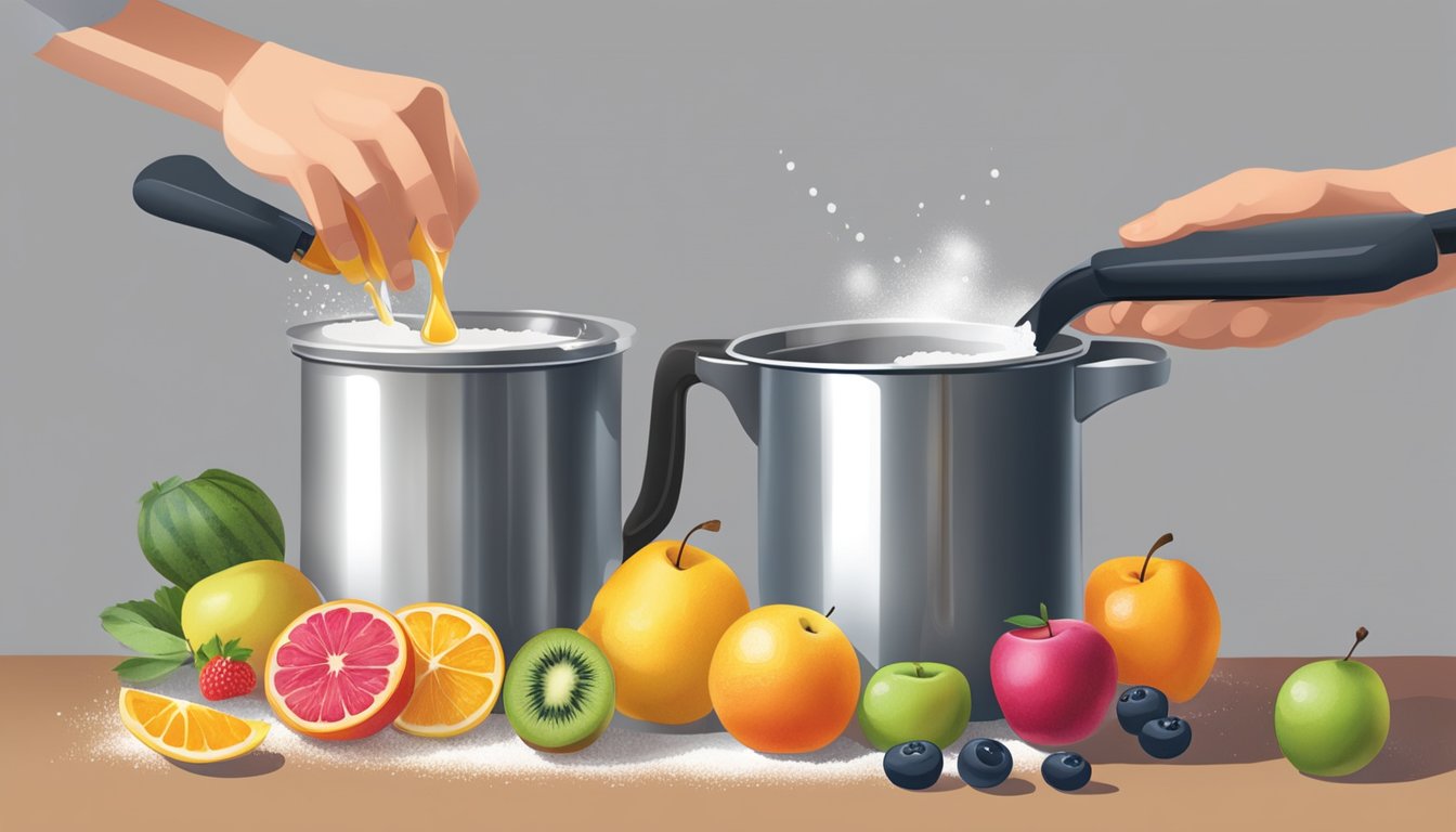 A hand pouring liquid from a measuring cup into a pot with fruit, sugar, and pectin on a stove