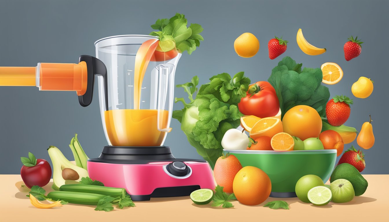 A measuring cup pouring a precise amount of liquid into a blender filled with fruits and vegetables