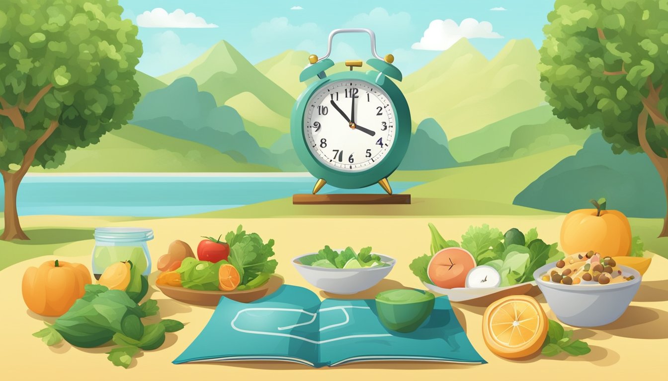 A serene landscape with a clock showing 12 hours, surrounded by healthy food and exercise equipment, symbolizing the benefits of 12-hour fasting