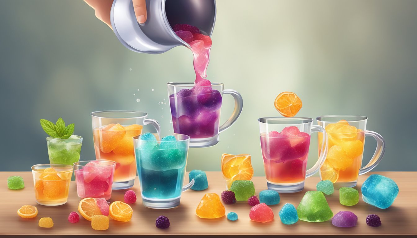 A hand pouring liquid into a measuring cup, surrounded by various flavored jellies with different textures