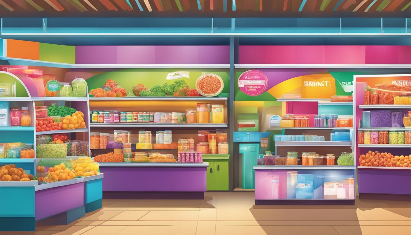 En livlig utstilling av ulike produkter som blir promotert i et marked. Lyse farger og engasjerende bilder tiltrekker potensielle kunder.