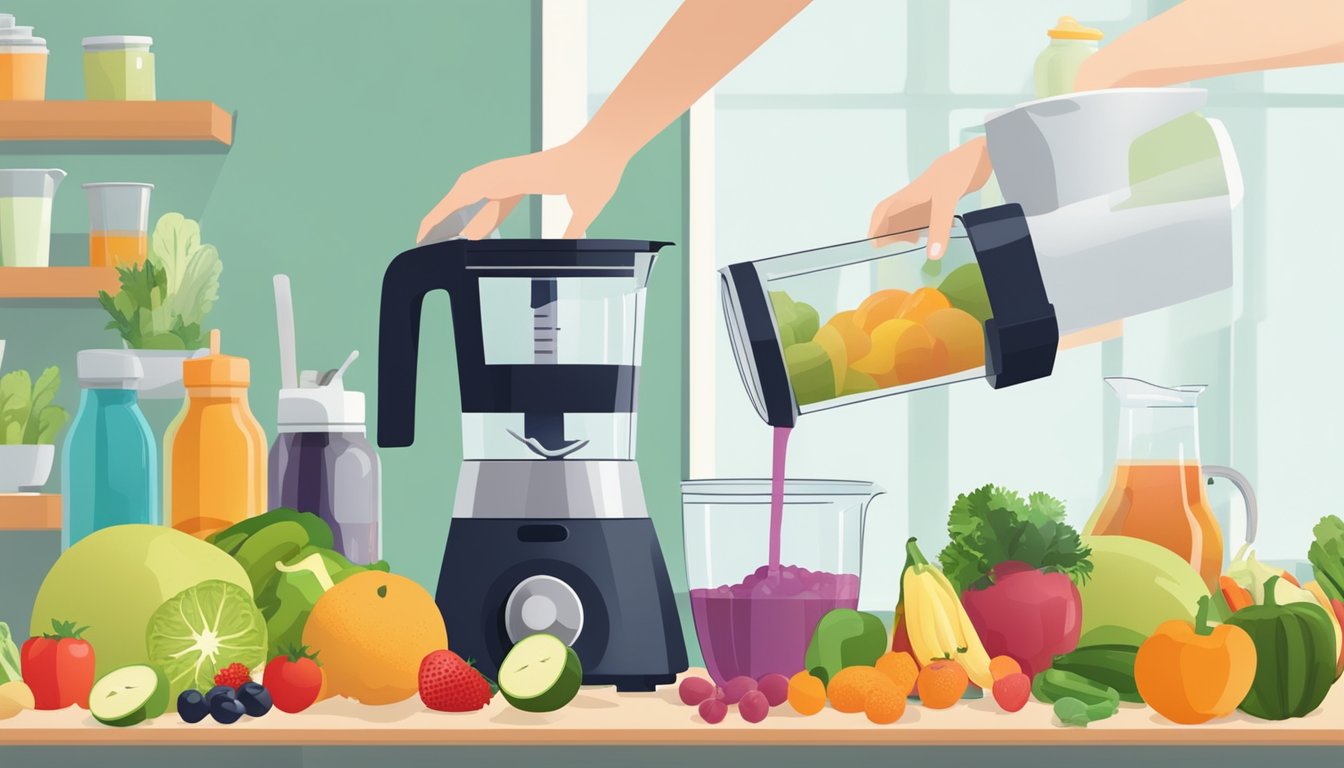 A hand pouring a precise amount of liquid into a blender, surrounded by various fruits and vegetables on a kitchen counter