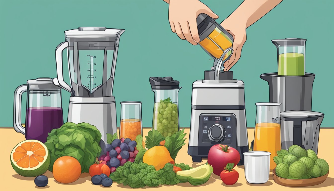 A hand pouring a precise amount of liquid into a blender filled with fruits and vegetables, surrounded by measuring cups and spoons