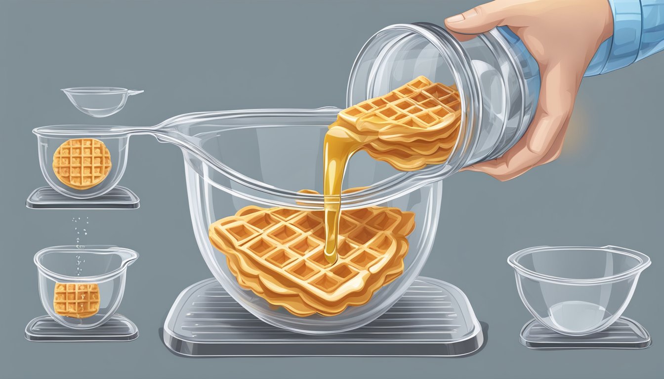 A measuring cup pouring liquid onto a waffle, with precise lines and measurements shown