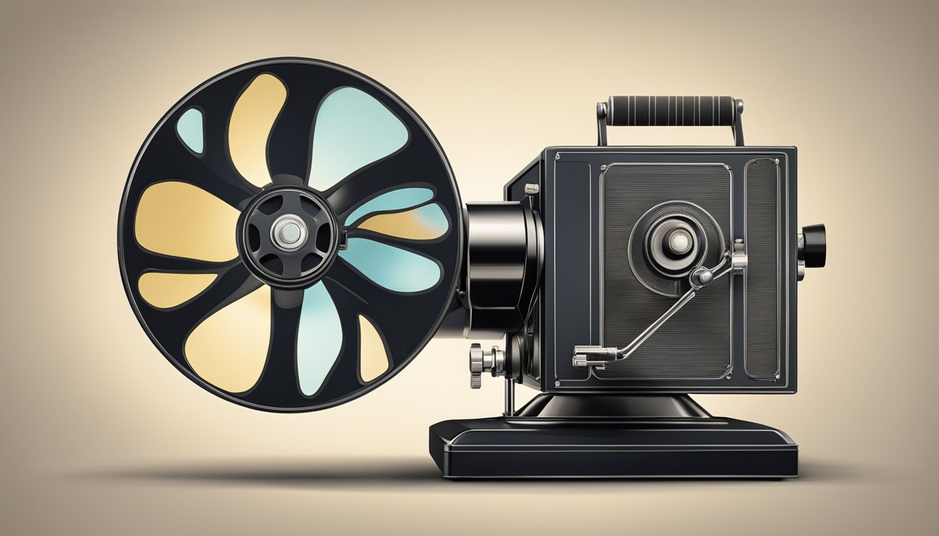 En filmrull som spinner på en vintage projektor, og kaster flimrende lys og skygger på en blank skjerm