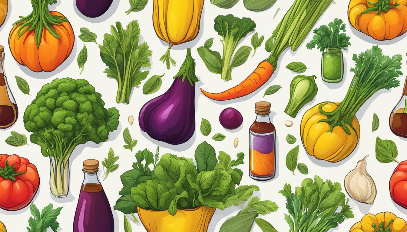 A colorful array of fresh, vibrant vegetables and herbs, surrounded by bottles of high-quality, artisanal sauces