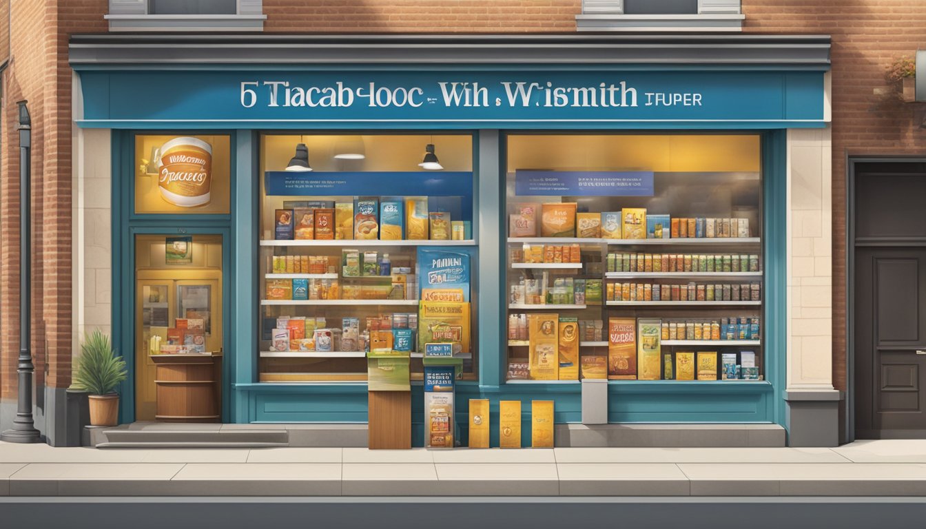 En markedsføringskampanje fra tobakkindustrien med ulike reklameartikler vist i et lyst opplyst butikkvindu