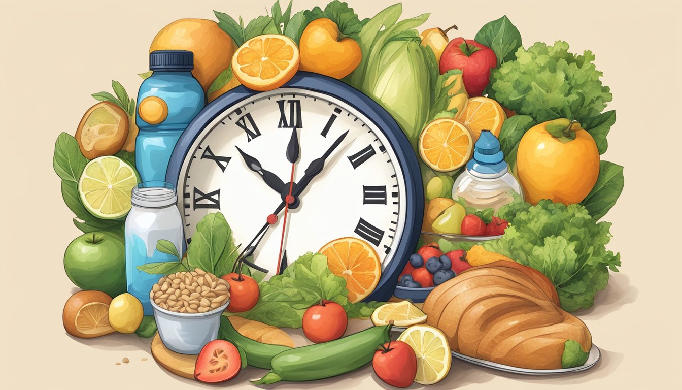 A clock displaying 12-hour fasting window, surrounded by healthy food and a water bottle