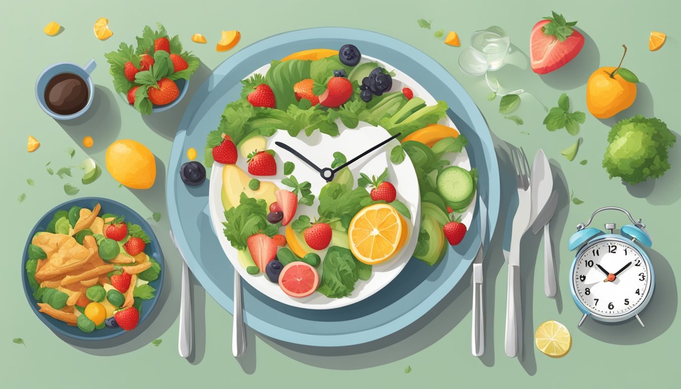 A table set with healthy food options, a clock showing the 12-hour fasting period, and a person engaging in physical activity to distract from cravings