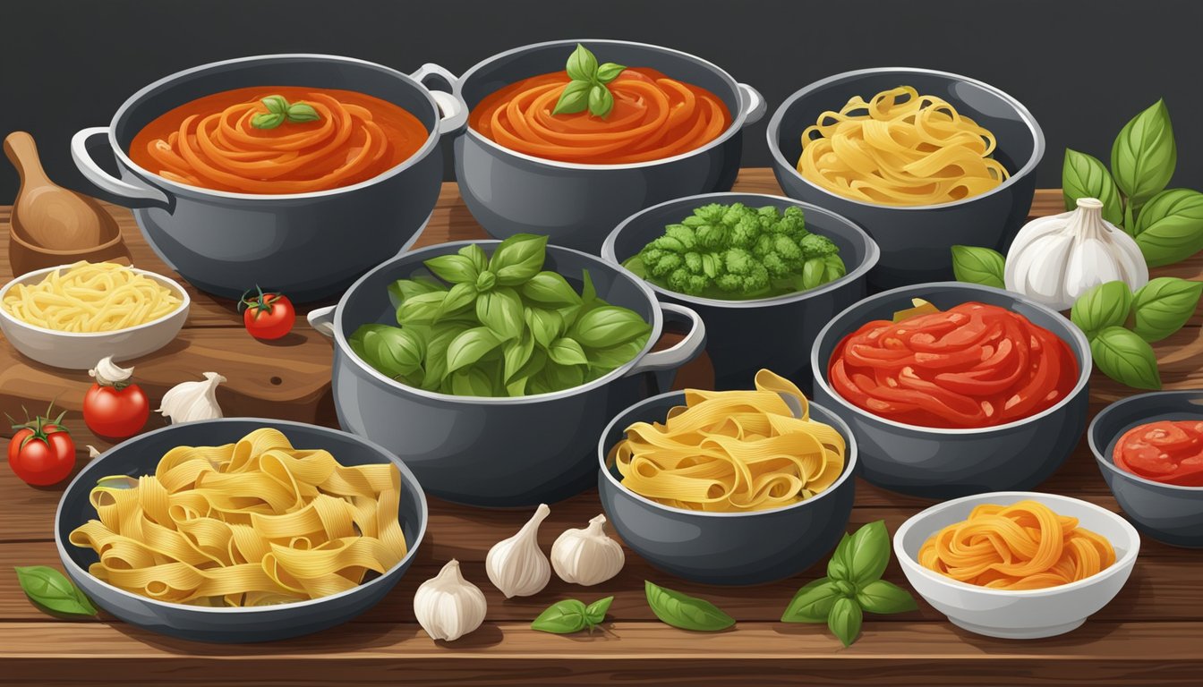 A variety of pasta sauces displayed on a rustic wooden table with fresh ingredients like tomatoes, basil, and garlic scattered around