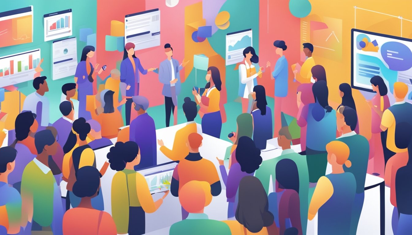 En gruppe mennesker som deltar i livlig diskusjon på et markedsføringsarrangement, omgitt av fargerike promoteringmaterialer og interaktive skjermer.