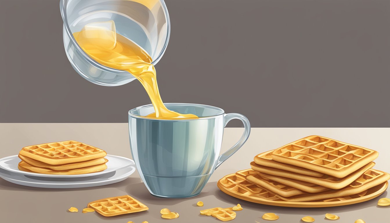 A measuring cup pouring the perfect amount of liquid onto a golden, crispy waffle