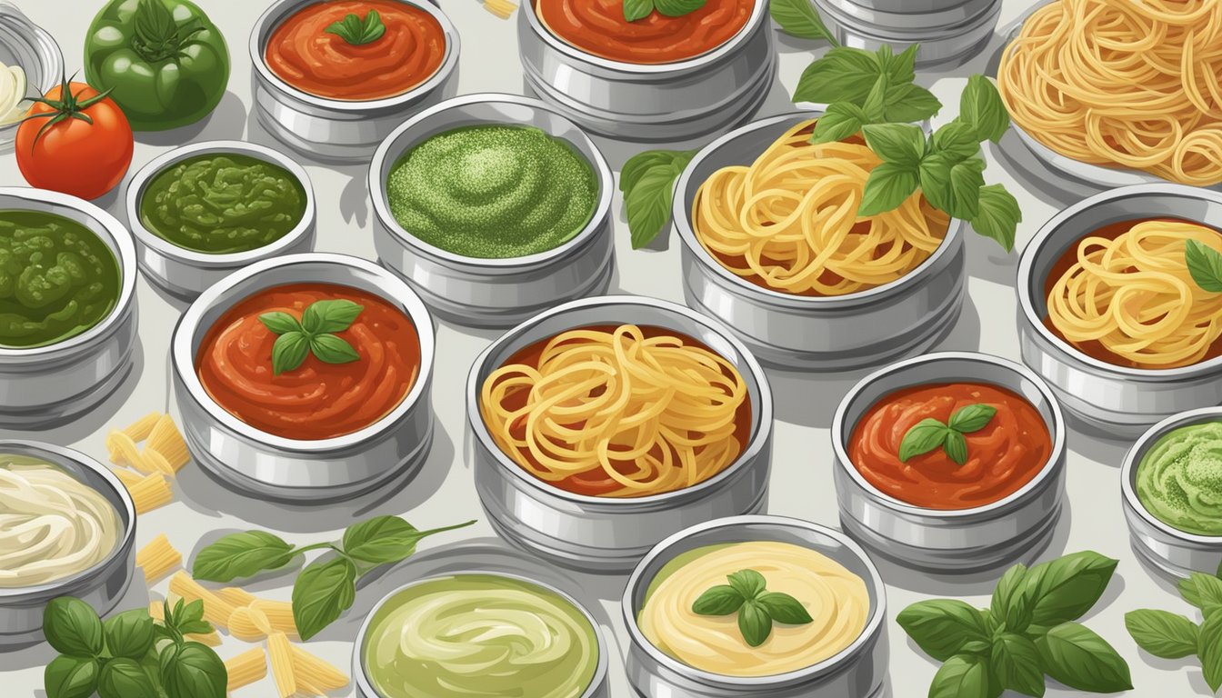 A variety of pasta sauces displayed on a kitchen counter, including jars of marinara, alfredo, and pesto, with fresh herbs and tomatoes scattered around