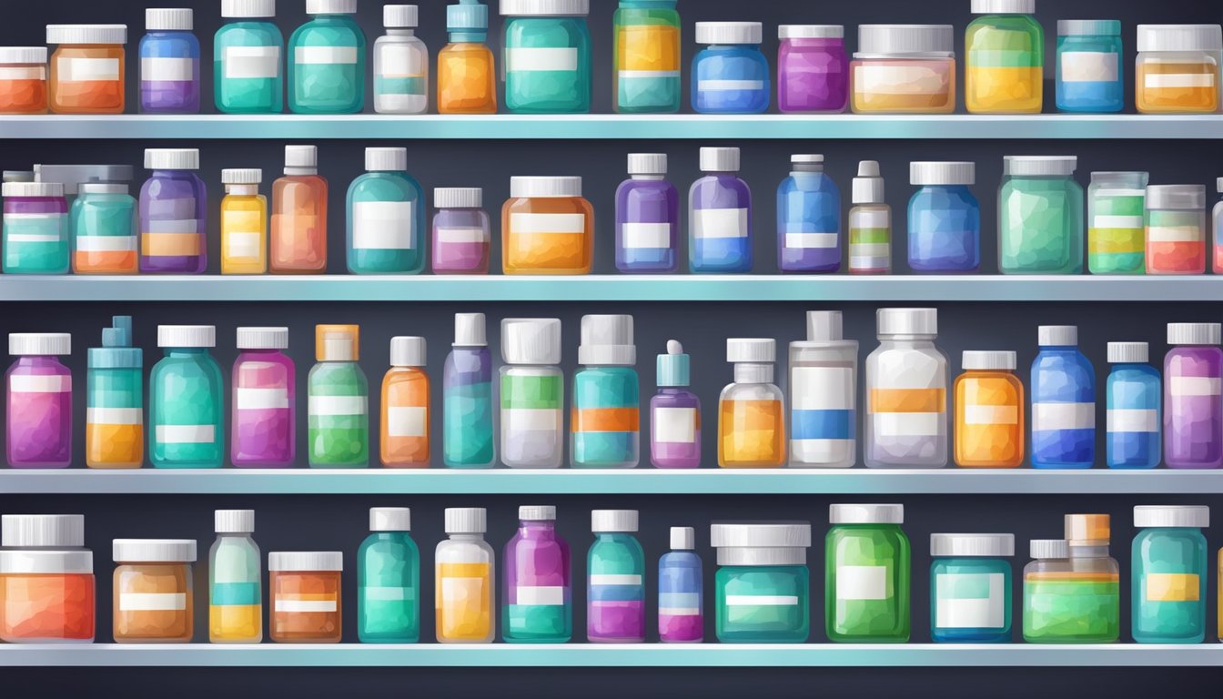 Et fargerikt utvalg av legemidler arrangert på hyller med en fremtredende utstilling av en spesifikk medisin