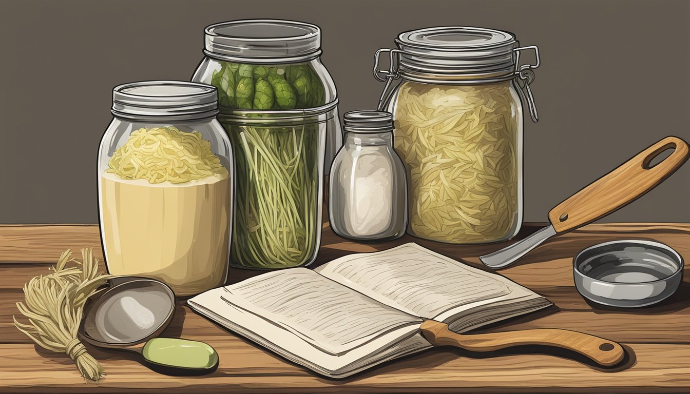 A rustic kitchen table with a jar of Sauerkraut Eden organic sauerkraut, surrounded by vintage cooking utensils and a traditional recipe book