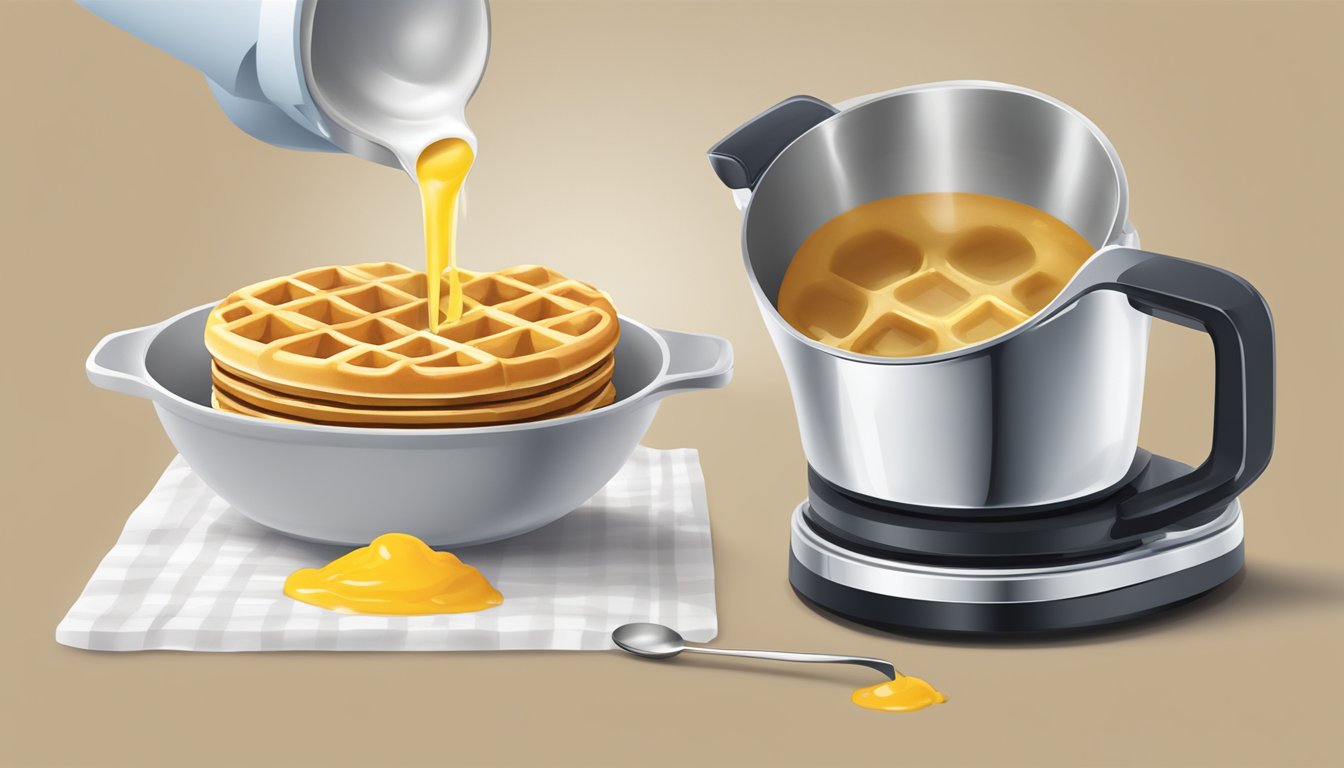 A measuring cup pouring liquid into a mixing bowl, with a waffle iron in the background