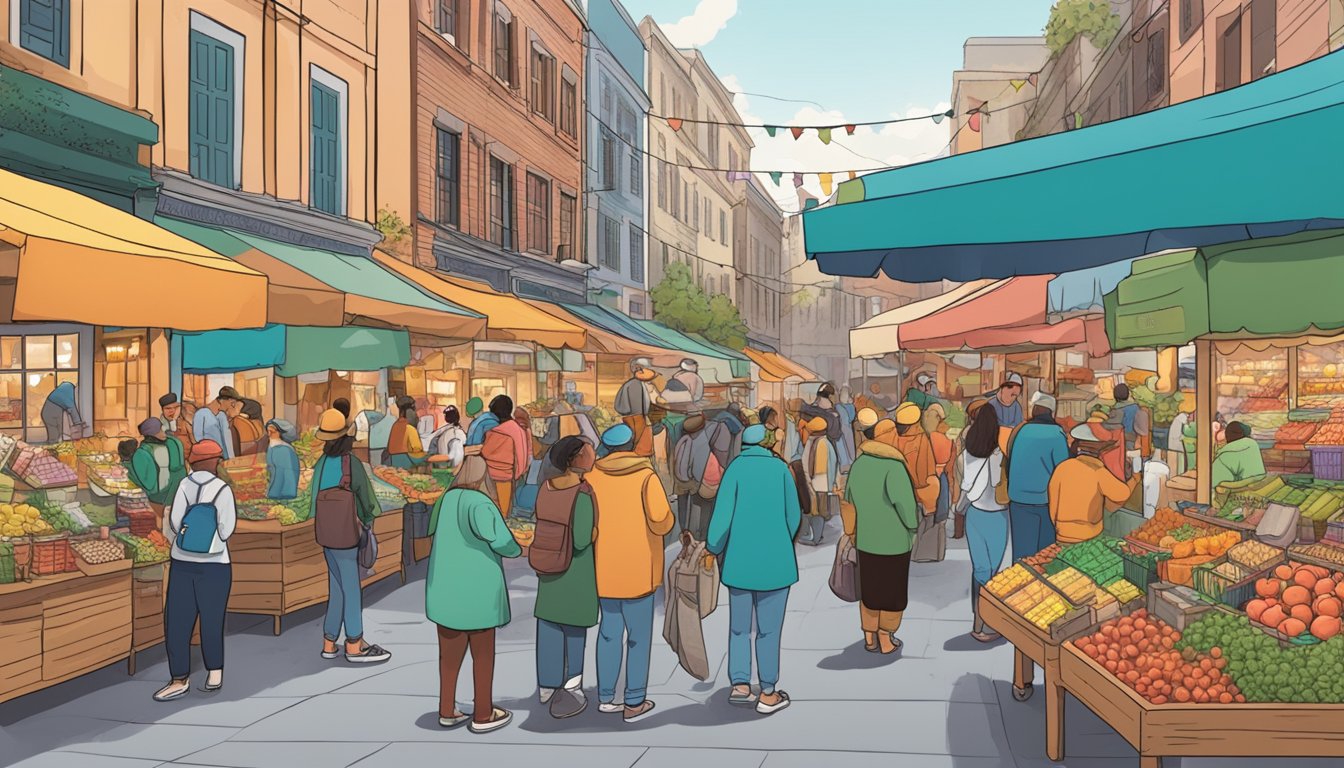 Et travelt marked fylt med fargerike, lokalt produserte produkter på utstilling. Selgere interagerer med kunder mens de viser frem varene sine.